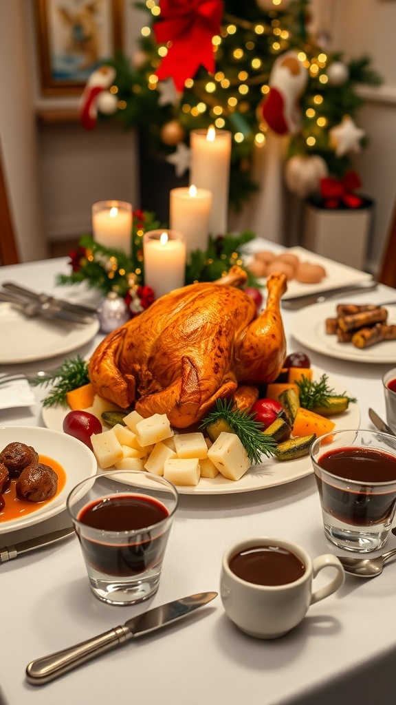 A festive Christmas Eve dinner table with roasted chicken, mashed potatoes, roasted vegetables, and chocolate mousse.
